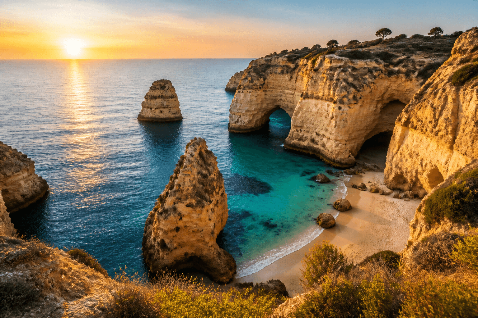 PLACEHOLDER: Atlantik-Klippen und Bucht bei goldenem Licht — Escort Algarve (Austauschbild)