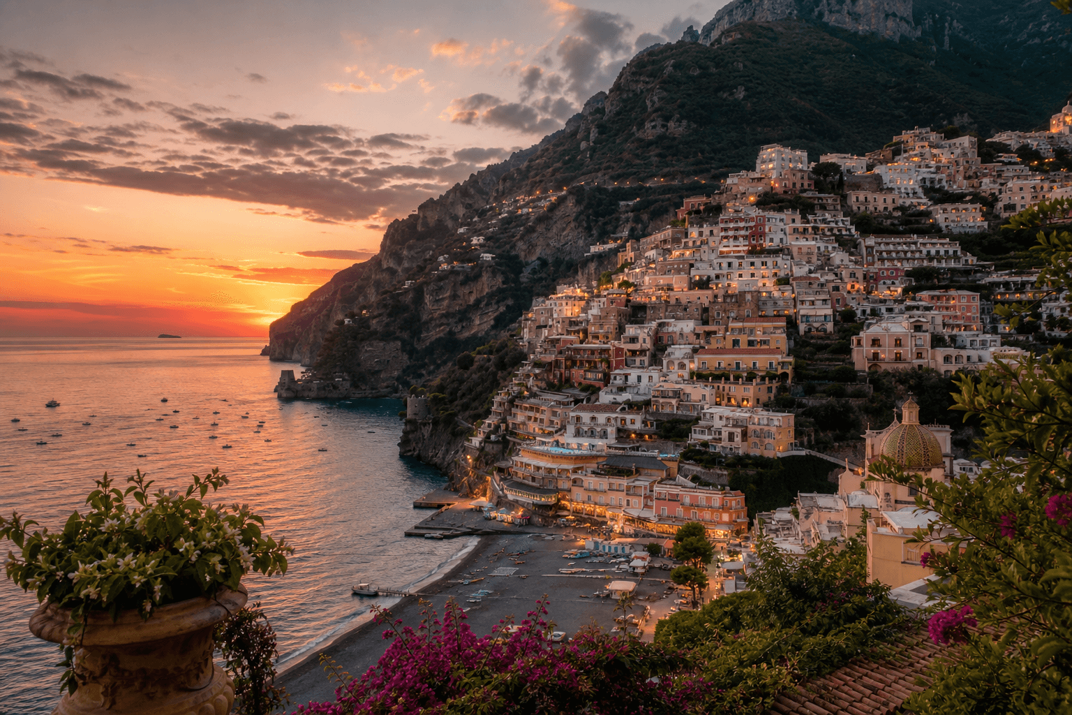 PLACEHOLDER: Amalfiküste mit Positano-Klippen bei Dämmerung — Escort Amalfiküste (Austauschbild)