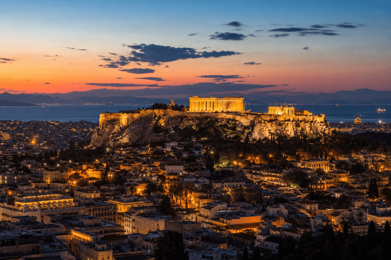 PLACEHOLDER: Akropolis und Parthenon bei goldenem Abendlicht — Escort Athen (Austauschbild)