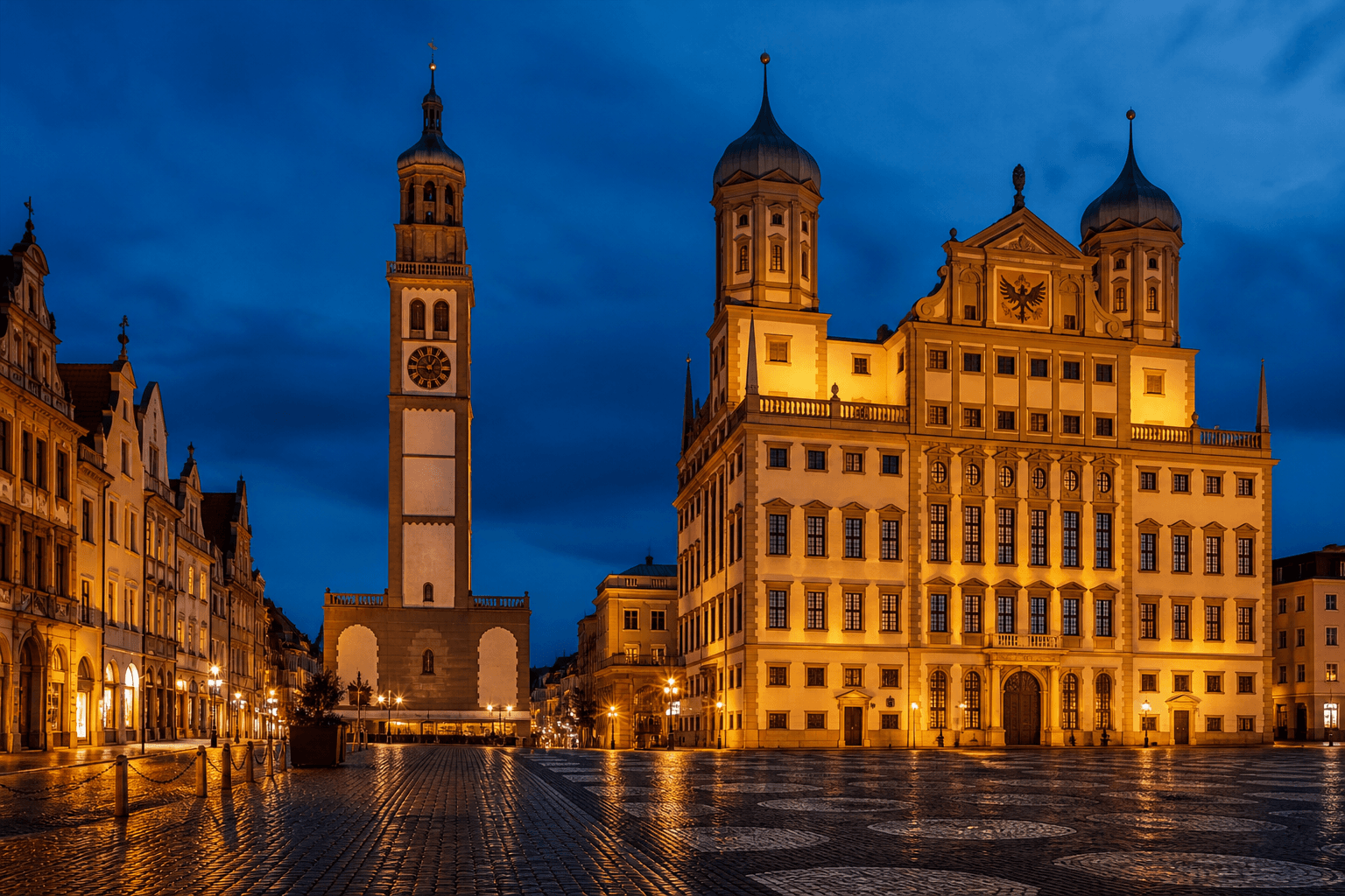 PLACEHOLDER: Rathausplatz und Perlachturm im Abendlicht — Escort Augsburg (Austauschbild)