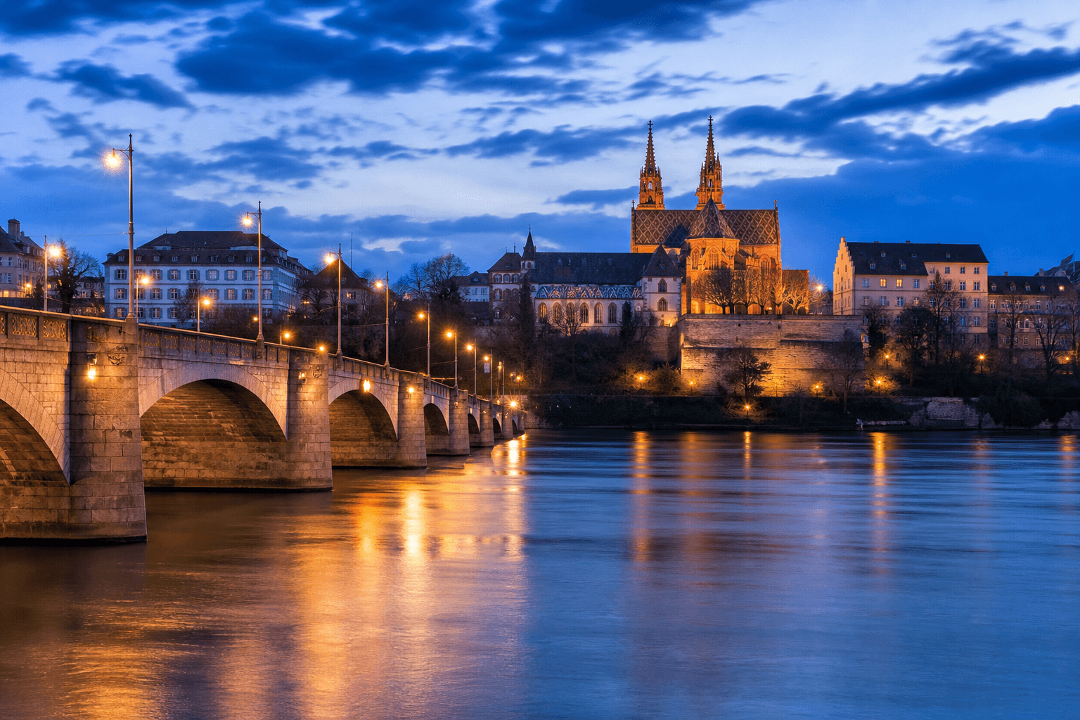 PLACEHOLDER: Rheinbrücke und Münster bei Abendlicht — Escort Basel (Austauschbild)
