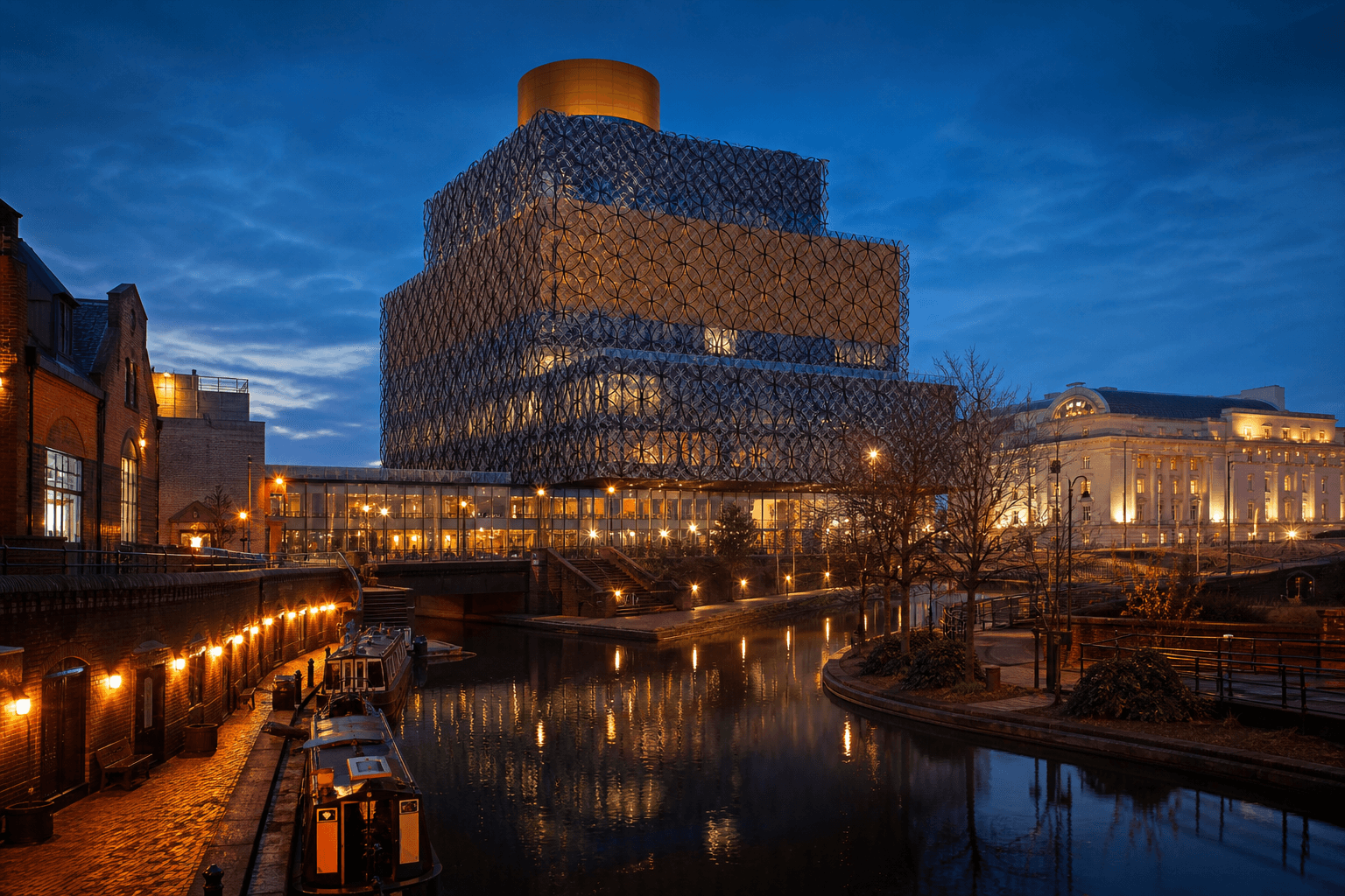 PLACEHOLDER: Library of Birmingham und Kanäle bei Abend — Escort Birmingham (Austauschbild)