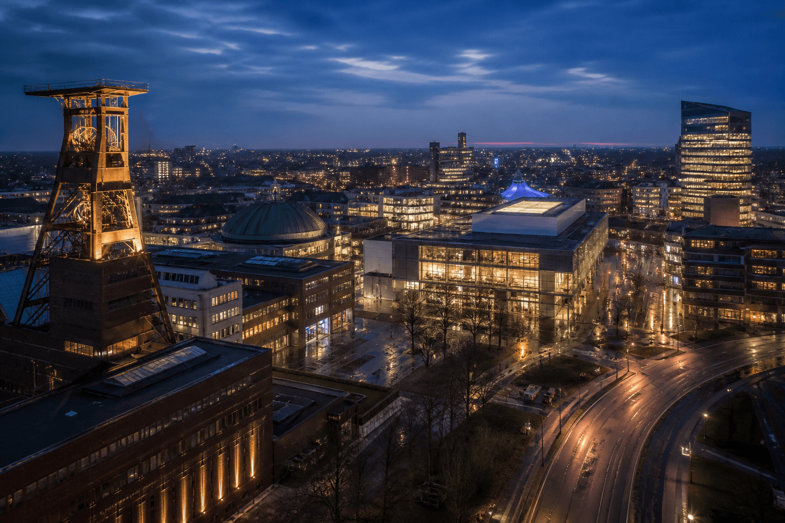 PLACEHOLDER: Bermuda3Eck und abendliche Stadtsilhouette — Escort Bochum (Austauschbild)