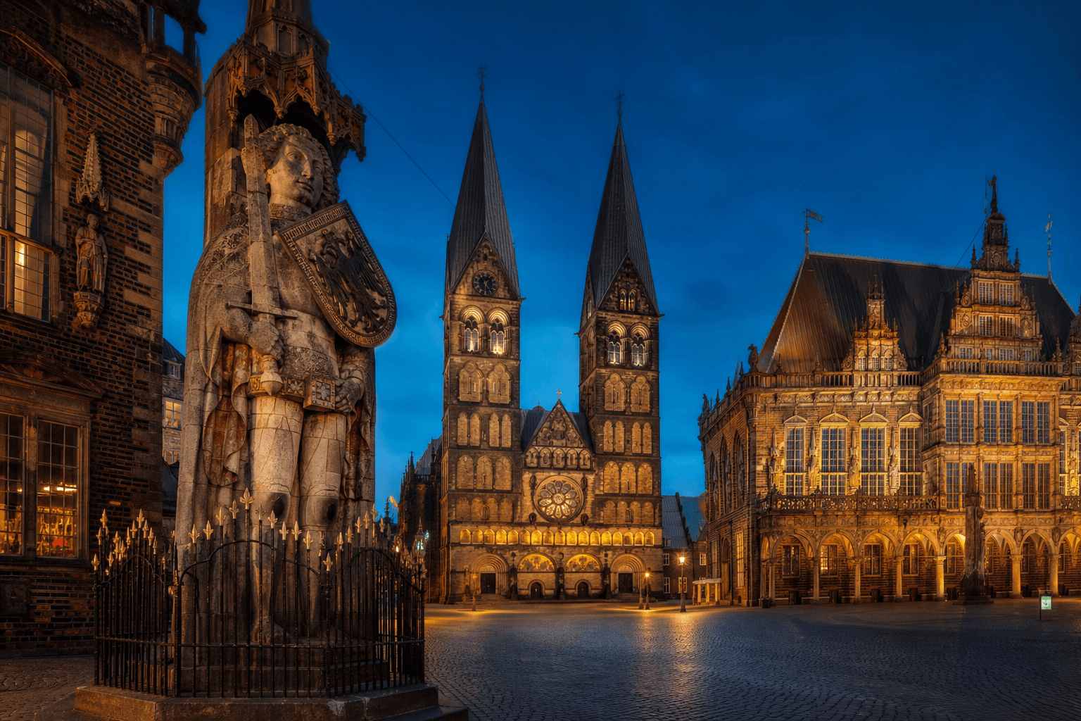 PLACEHOLDER: Marktplatz mit Roland und Dom bei Abendlicht — Escort Bremen (Austauschbild)