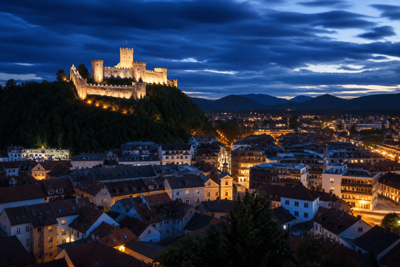 PLACEHOLDER: Burg Celje und abendliche Stadtsilhouette — Escort Celje (Austauschbild)