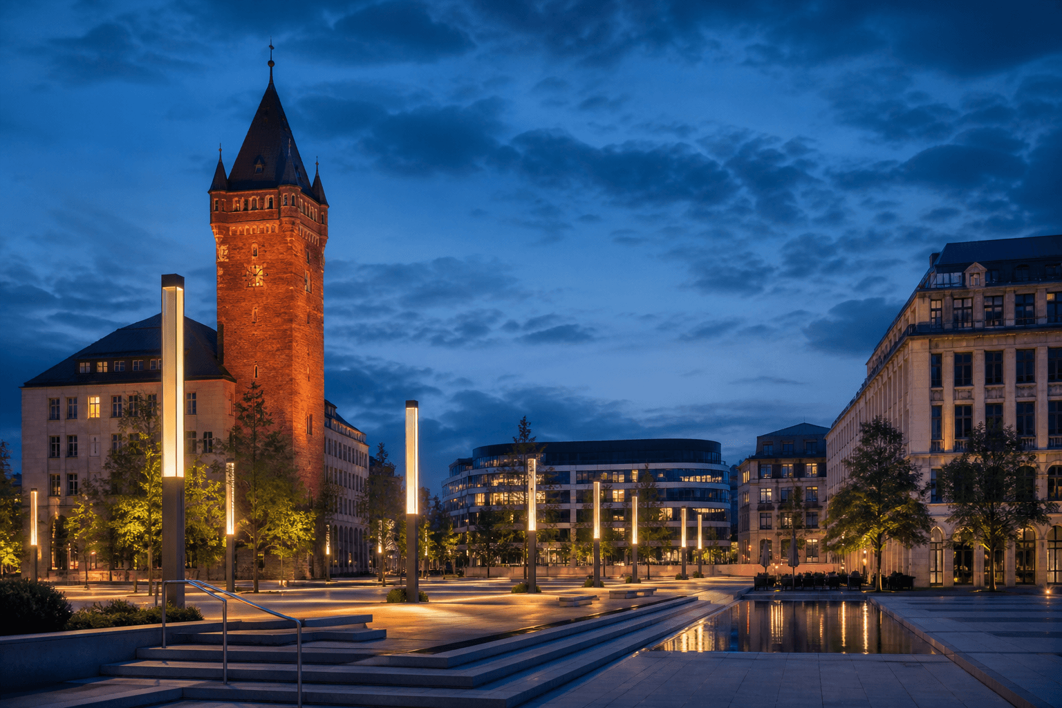 PLACEHOLDER: Roter Turm und abendliche Innenstadt — Escort Chemnitz (Austauschbild)