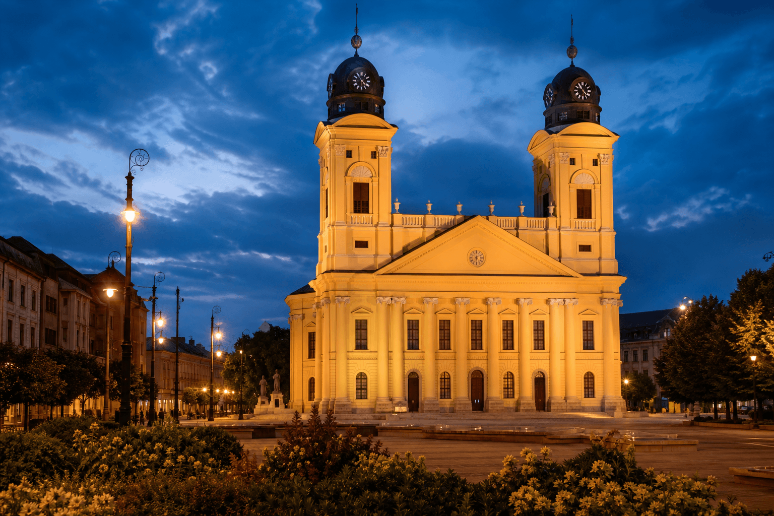 PLACEHOLDER: Große Kirche und Hauptplatz bei Abend — Escort Debrecen (Austauschbild)