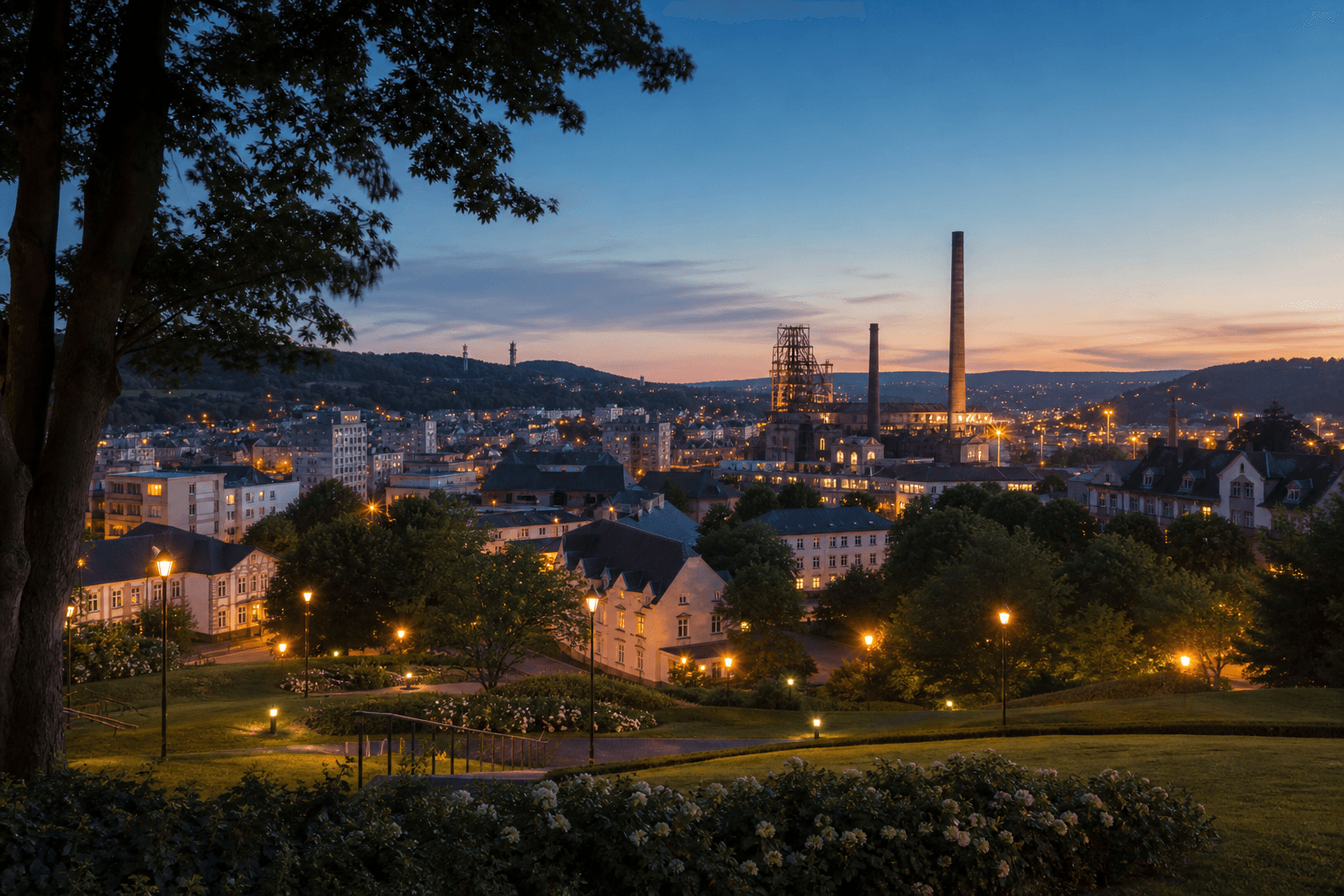 PLACEHOLDER: Park und abendliche Stadtsilhouette — Escort Differdingen (Austauschbild)