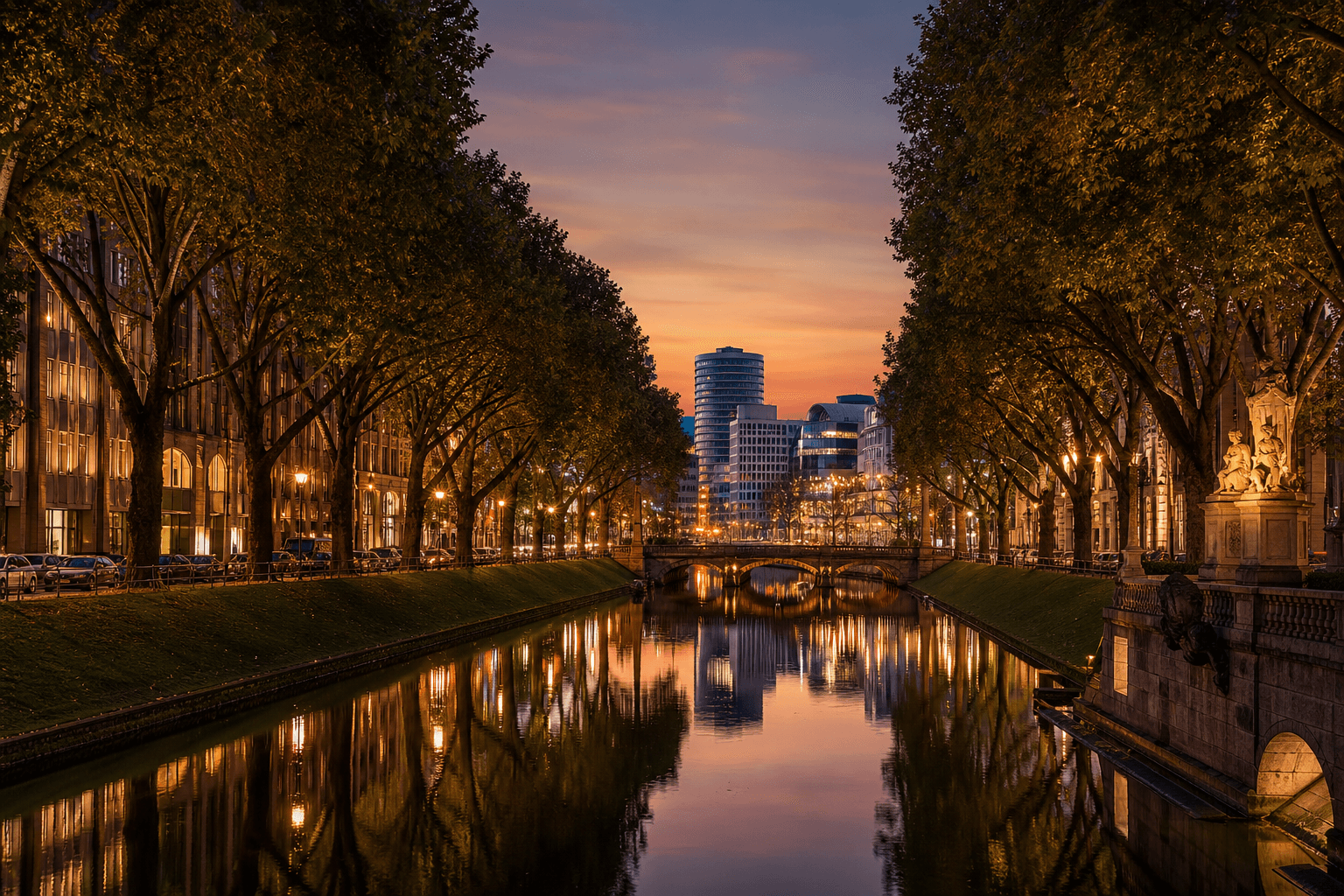 PLACEHOLDER: Königsallee und MedienHafen bei Abendstimmung — Escort Düsseldorf (Austauschbild)