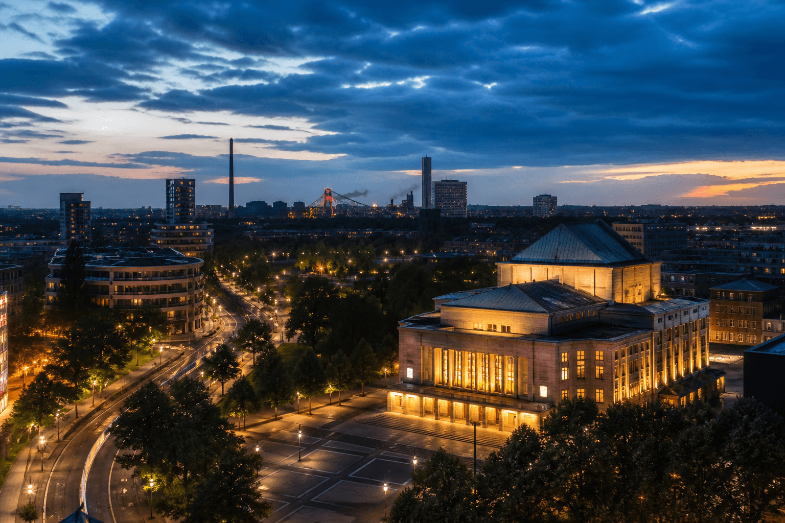 PLACEHOLDER: Musiktheater und abendliche Skyline — Escort Gelsenkirchen (Austauschbild)