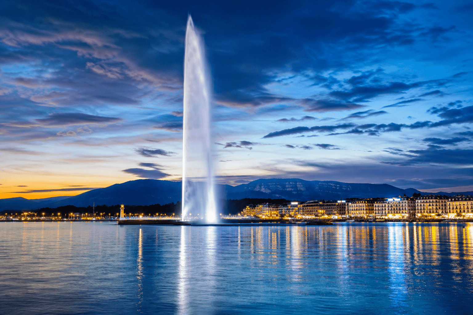 PLACEHOLDER: Jet d’Eau und Genfersee bei Dämmerung — Escort Genf (Austauschbild)