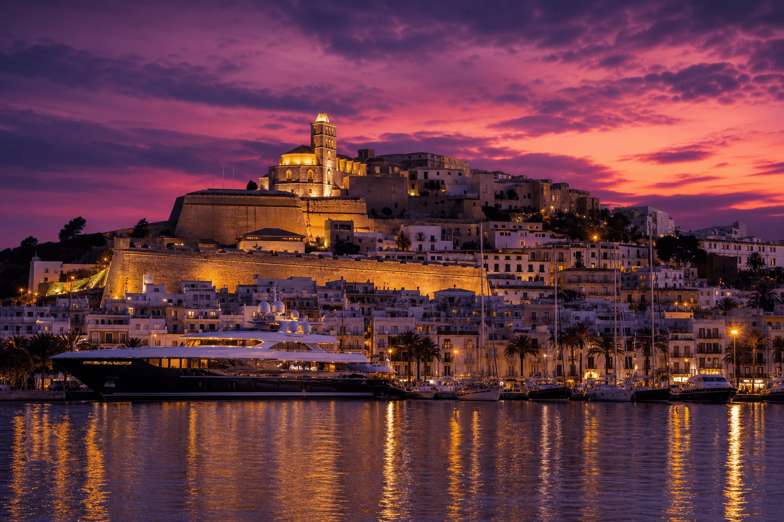 PLACEHOLDER: Ibiza-Altstadt und Hafen bei violetten Abendhimmel — Escort Ibiza (Austauschbild)
