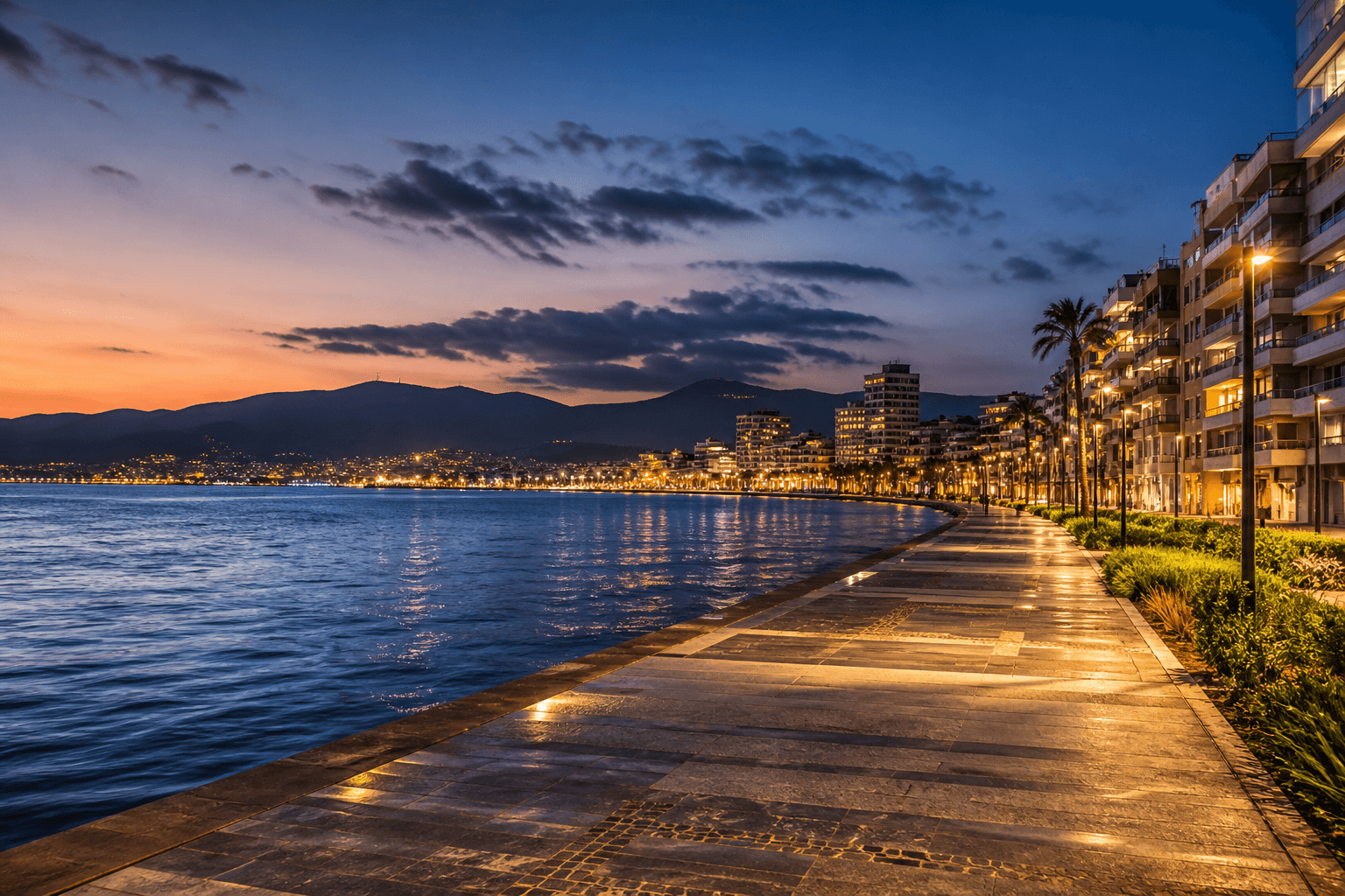 PLACEHOLDER: Kordon-Promenade und Golf von Izmir bei Abend — Escort Izmir (Austauschbild)