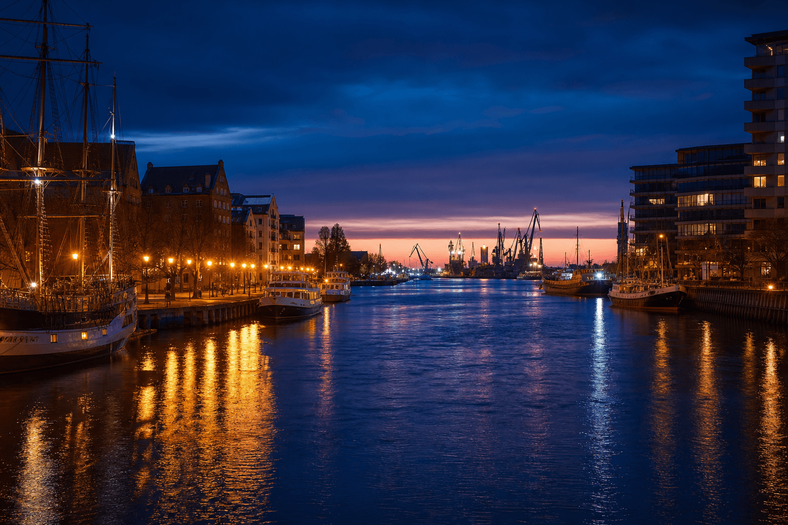 PLACEHOLDER: Hafen und Memel-Ufer bei Dämmerung — Escort Klaipėda (Austauschbild)