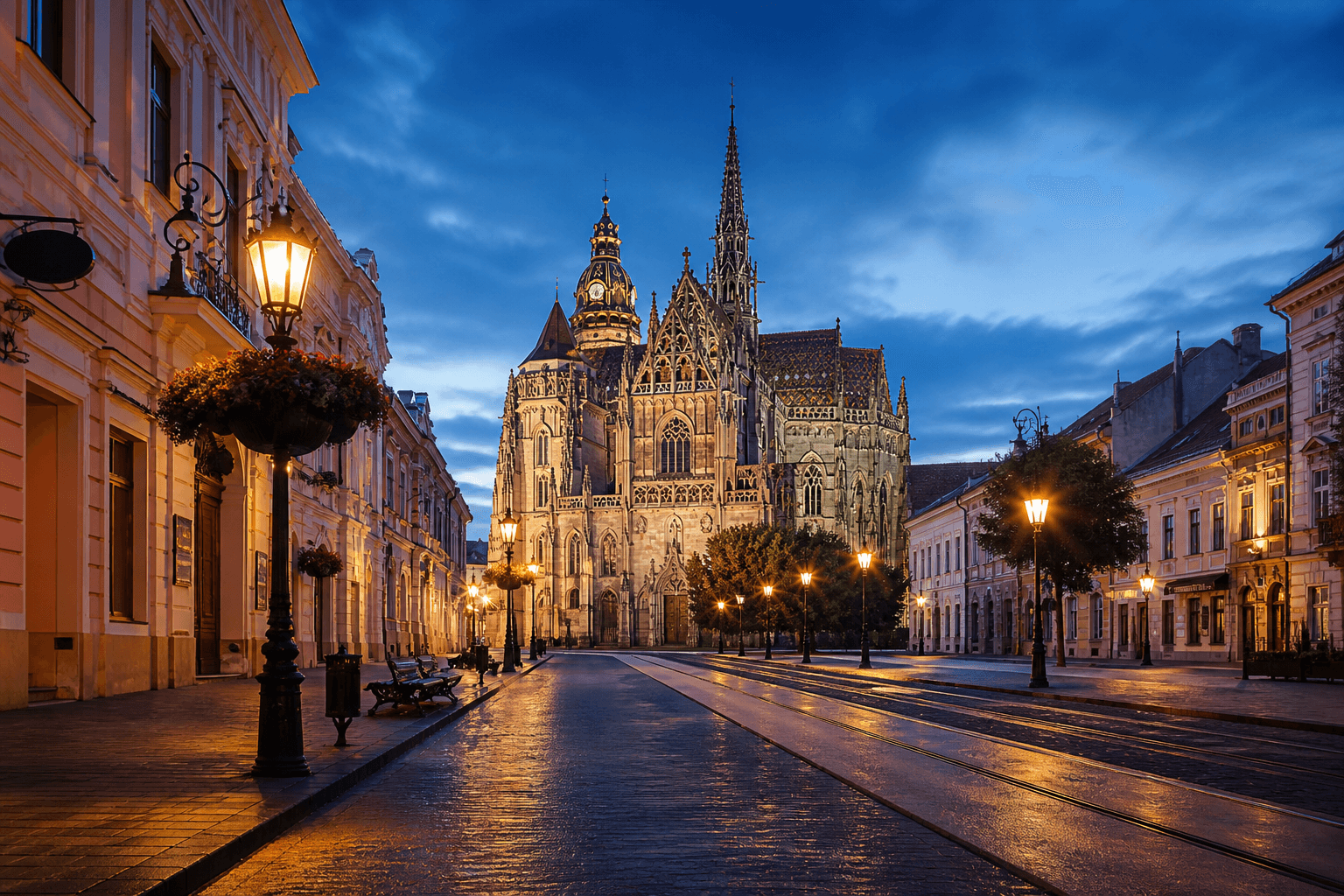 PLACEHOLDER: Elisabeth-Dom und Hauptstraße bei Abendlicht — Escort Košice (Austauschbild)