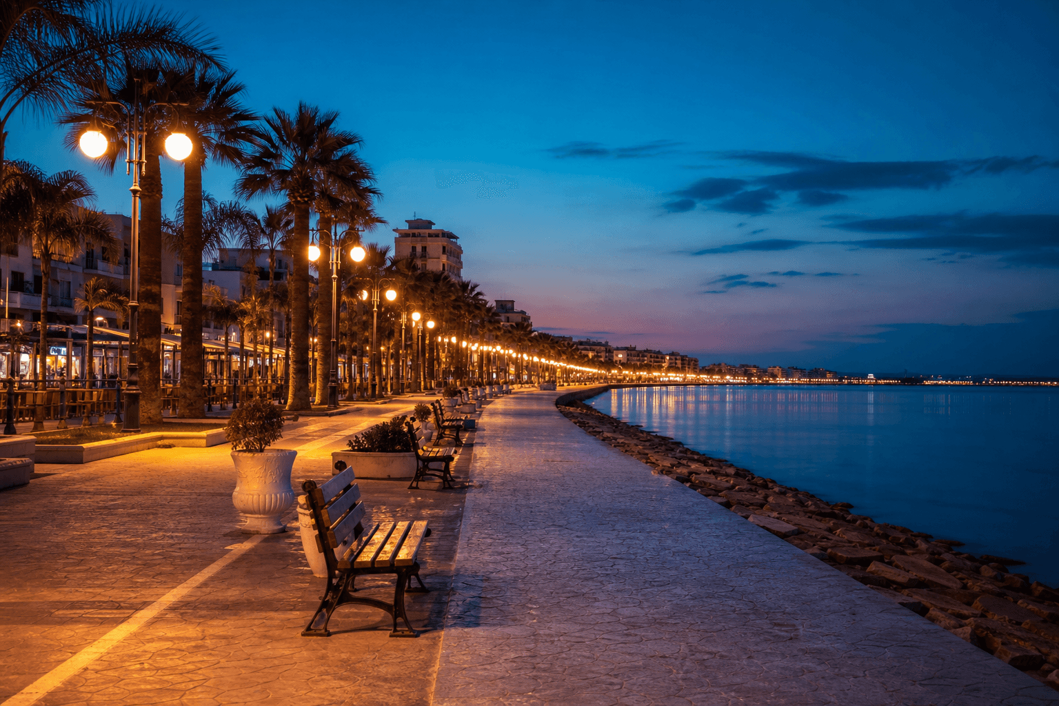 PLACEHOLDER: Palm Tree Promenade und Finikoudes bei Abend — Escort Larnaka (Austauschbild)