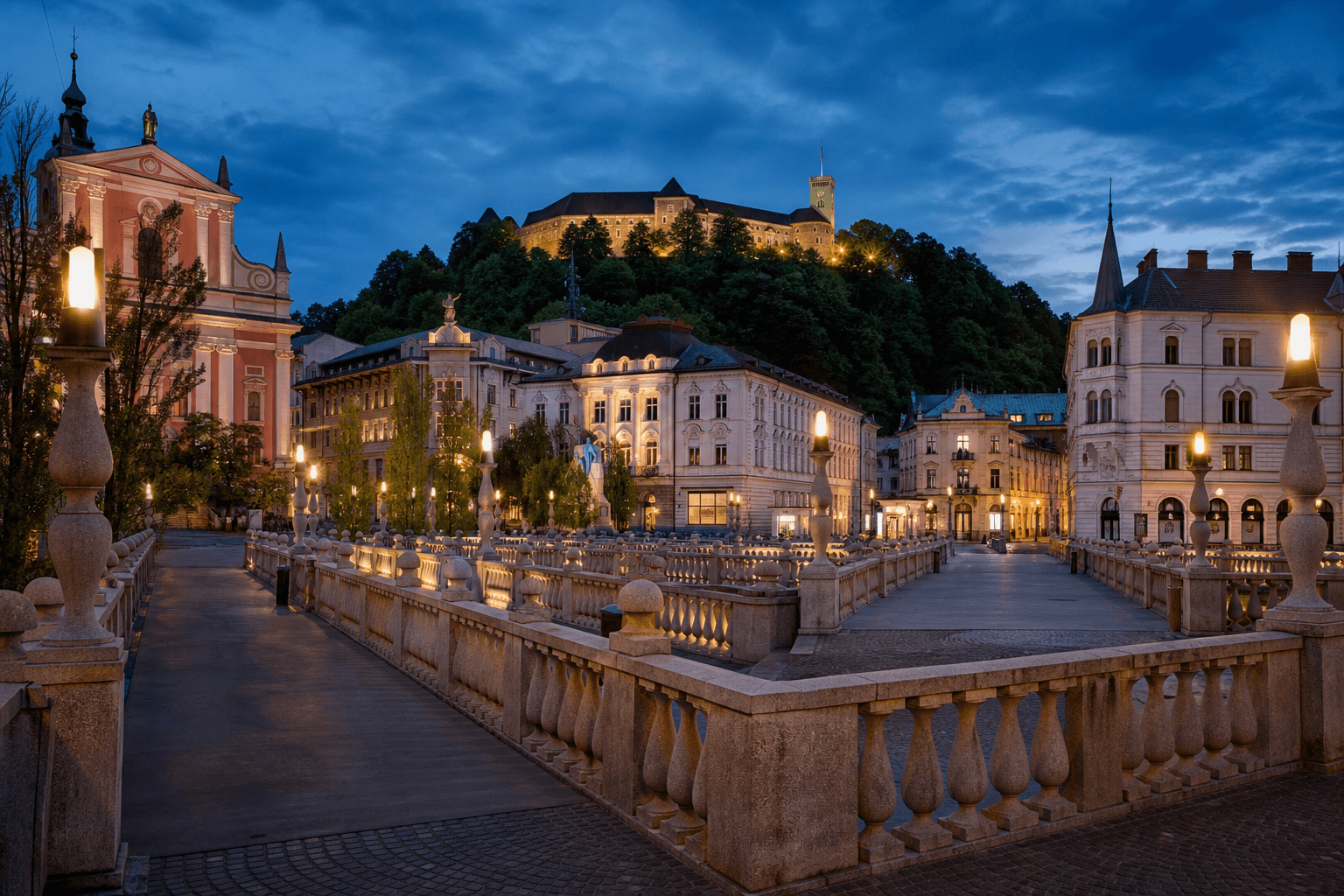 PLACEHOLDER: Triple Bridge und Burg bei Abendlicht — Escort Ljubljana (Austauschbild)