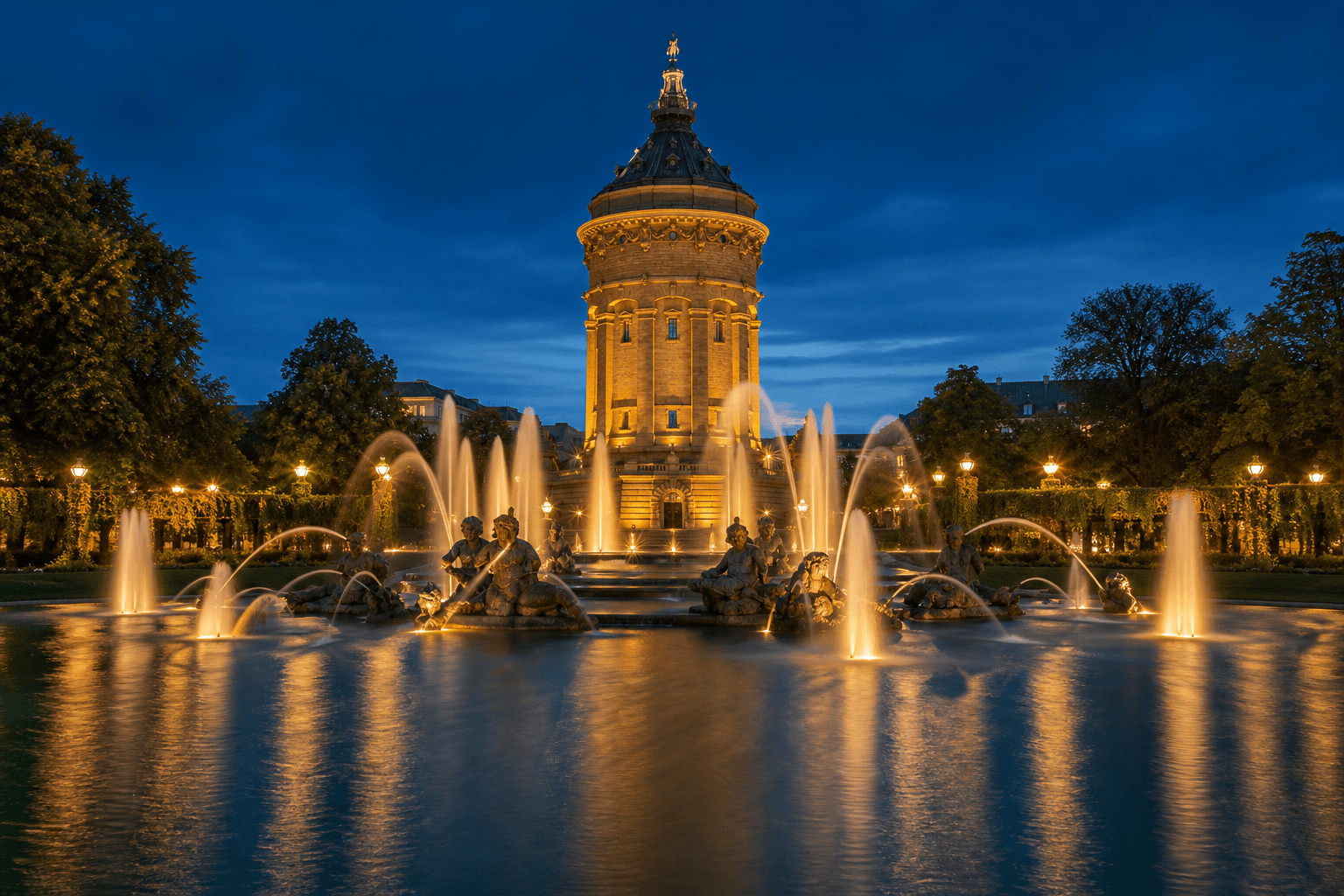PLACEHOLDER: Wasserturm und Friedrichsplatz bei Abendstimmung — Escort Mannheim (Austauschbild)