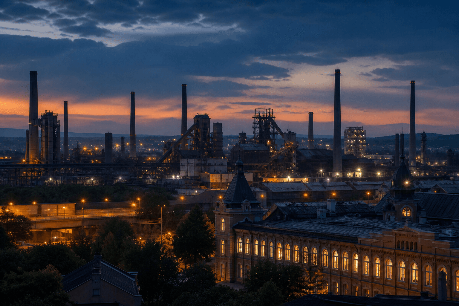 PLACEHOLDER: Industriekultur und abendliche Stadtsilhouette — Escort Ostrava (Austauschbild)