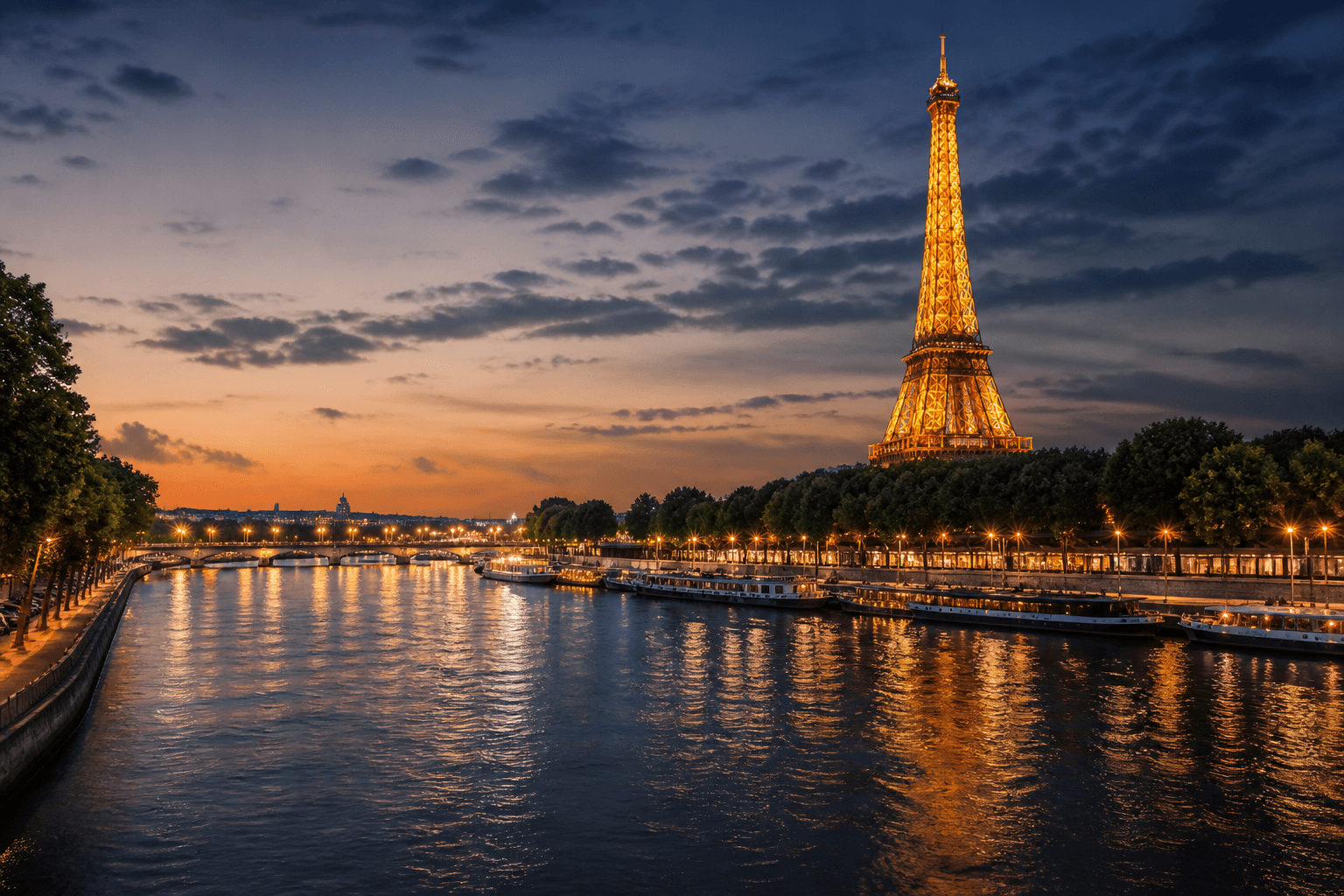 PLACEHOLDER: Seine und beleuchteter Eiffelturm bei Abend — Escort Paris (Austauschbild)