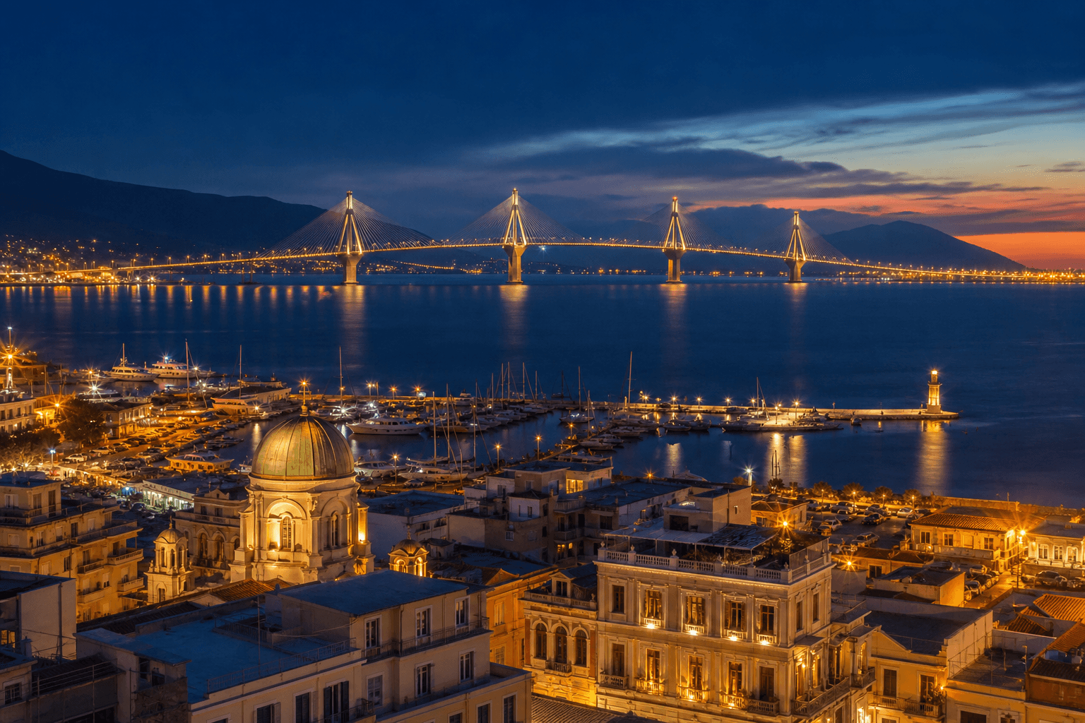 PLACEHOLDER: Hafen und Rio-Antirrio-Brücke bei Abend — Escort Patras (Austauschbild)