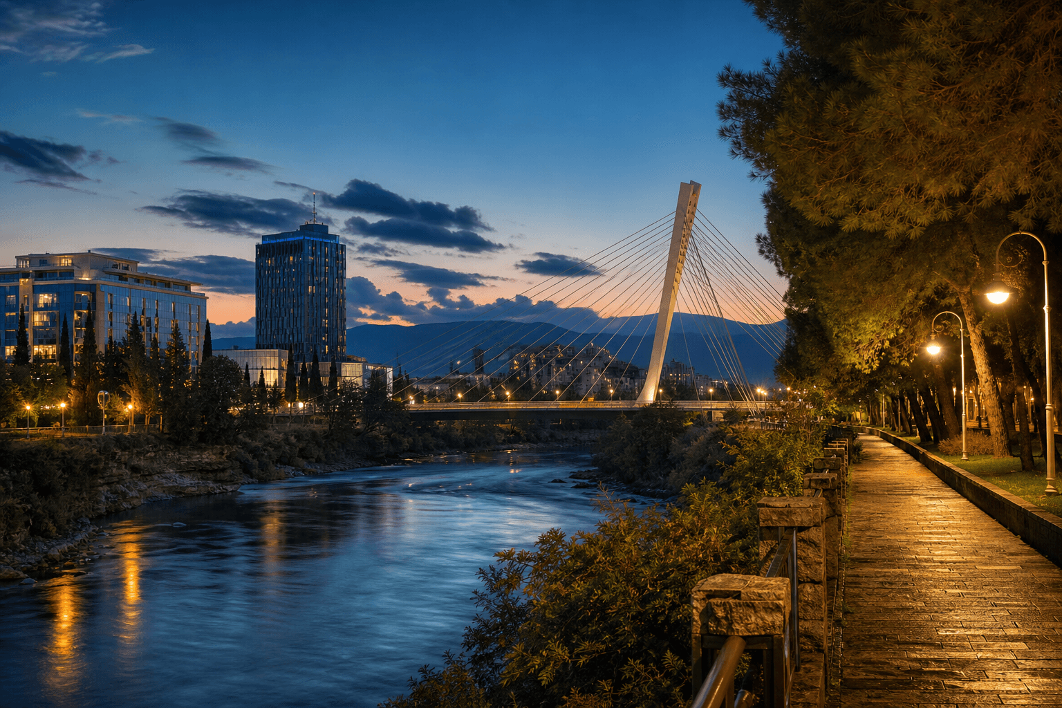PLACEHOLDER: Morača-Ufer und abendliche Hauptstadt — Escort Podgorica (Austauschbild)
