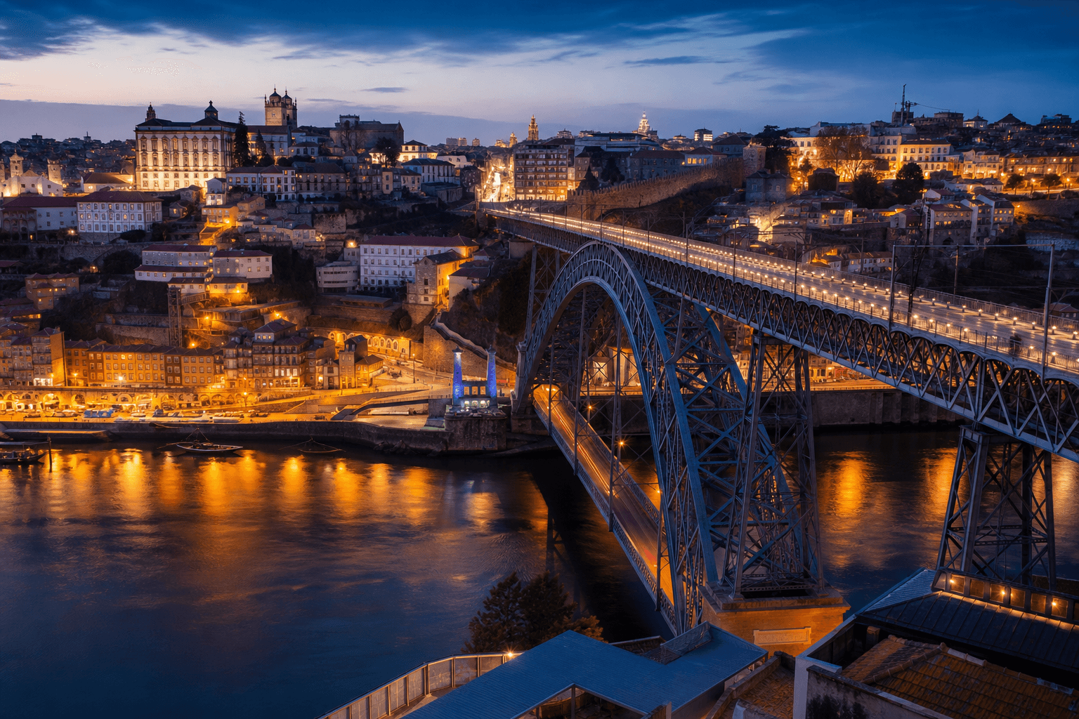 PLACEHOLDER: Douro-Ufer und Dom Luís-Brücke bei Abend — Escort Porto (Austauschbild)