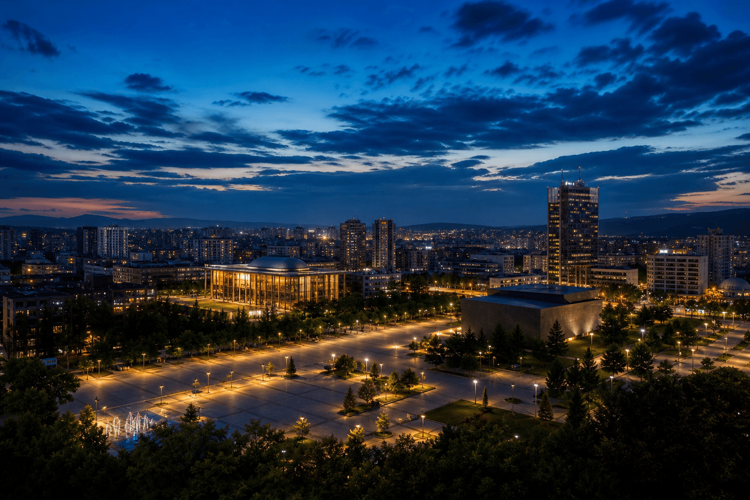 PLACEHOLDER: Newborn-Monument und abendliche Skyline — Escort Pristina (Austauschbild)