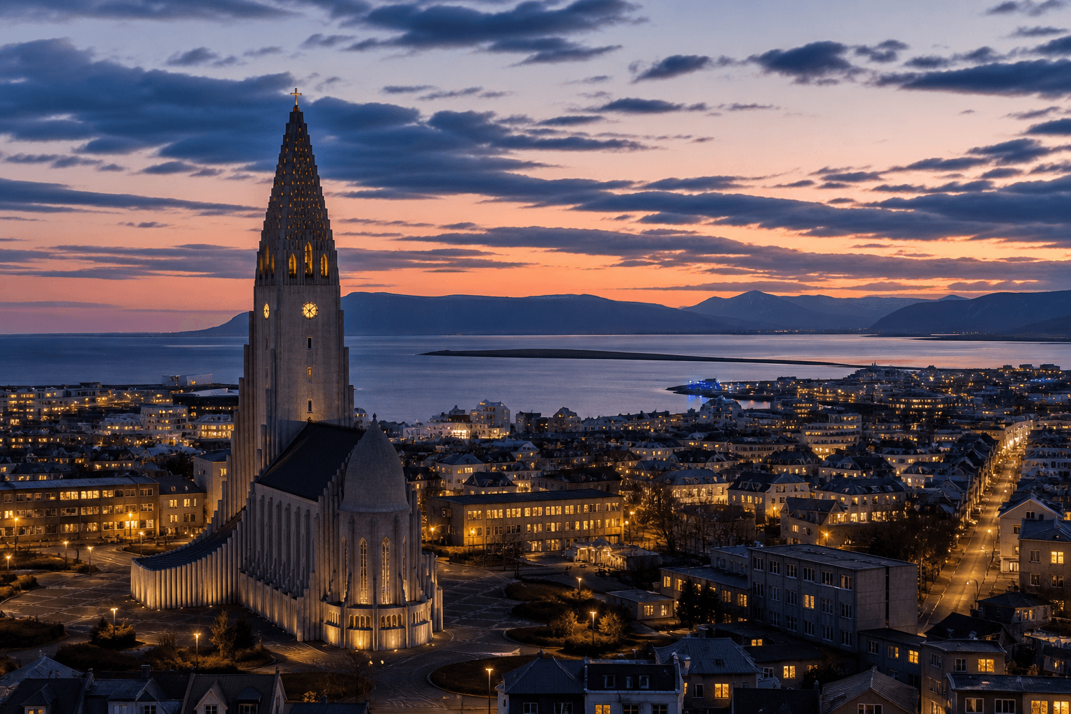 PLACEHOLDER: Hallgrímskirkja und Hafen bei Nordlicht-Dämmerung — Escort Reykjavík (Austauschbild)