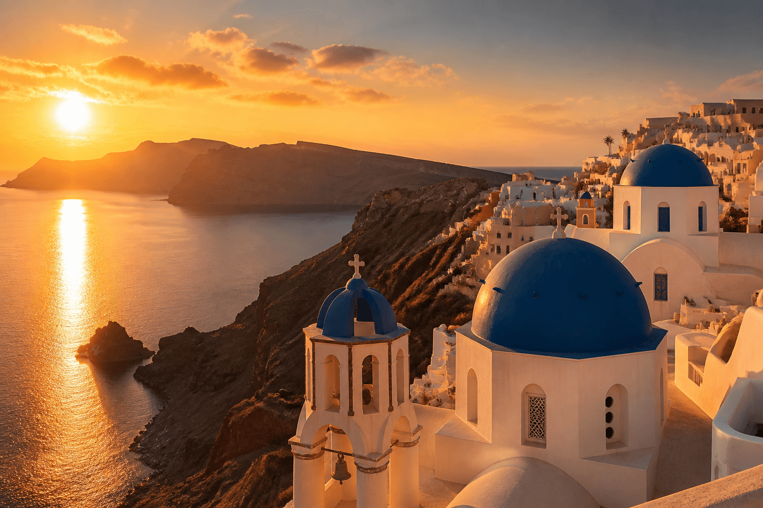 PLACEHOLDER: Caldera-Klippen und blaue Kuppeln bei Sonnenuntergang — Escort Santorini (Austauschbild)