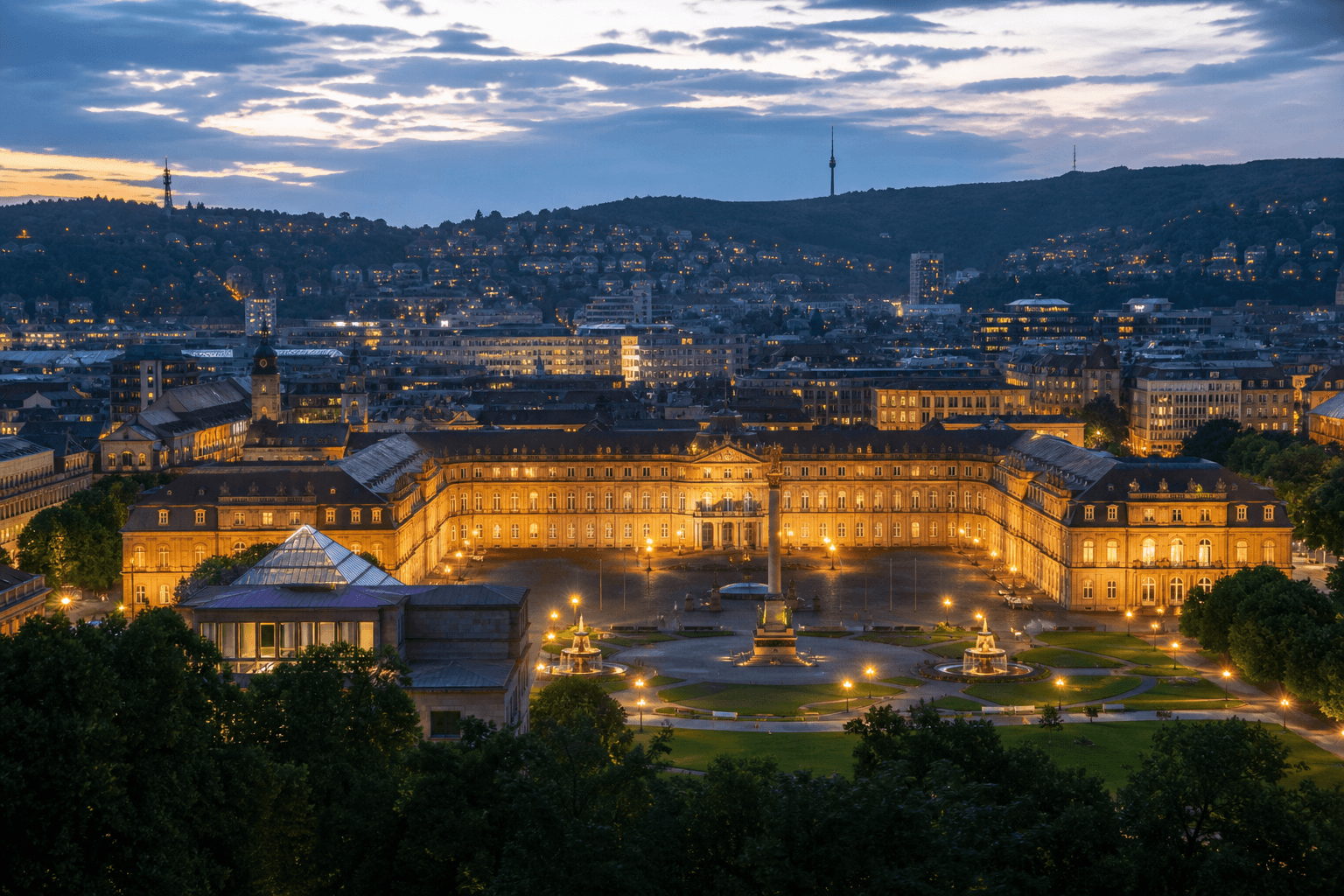 PLACEHOLDER: Schlossplatz und Weinlagen der Stadt bei Dämmerung — Escort Stuttgart (Austauschbild)