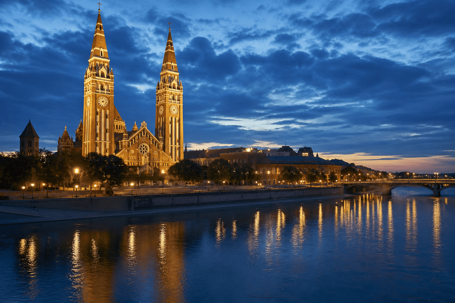 PLACEHOLDER: Votivkirche und Tisza-Ufer bei Dämmerung — Escort Szeged (Austauschbild)