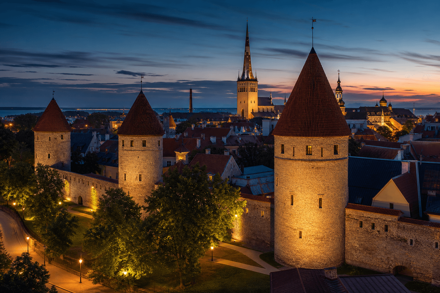 PLACEHOLDER: Mittelalterliche Altstadt und Türme bei Abend — Escort Tallinn (Austauschbild)