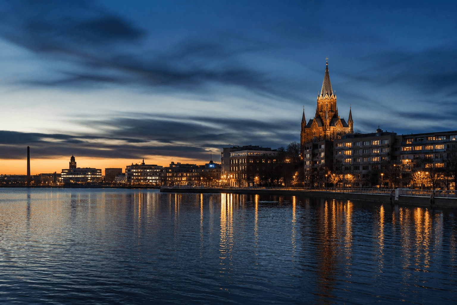 PLACEHOLDER: Seenlandschaft und Dom bei Abendlicht — Escort Tampere (Austauschbild)