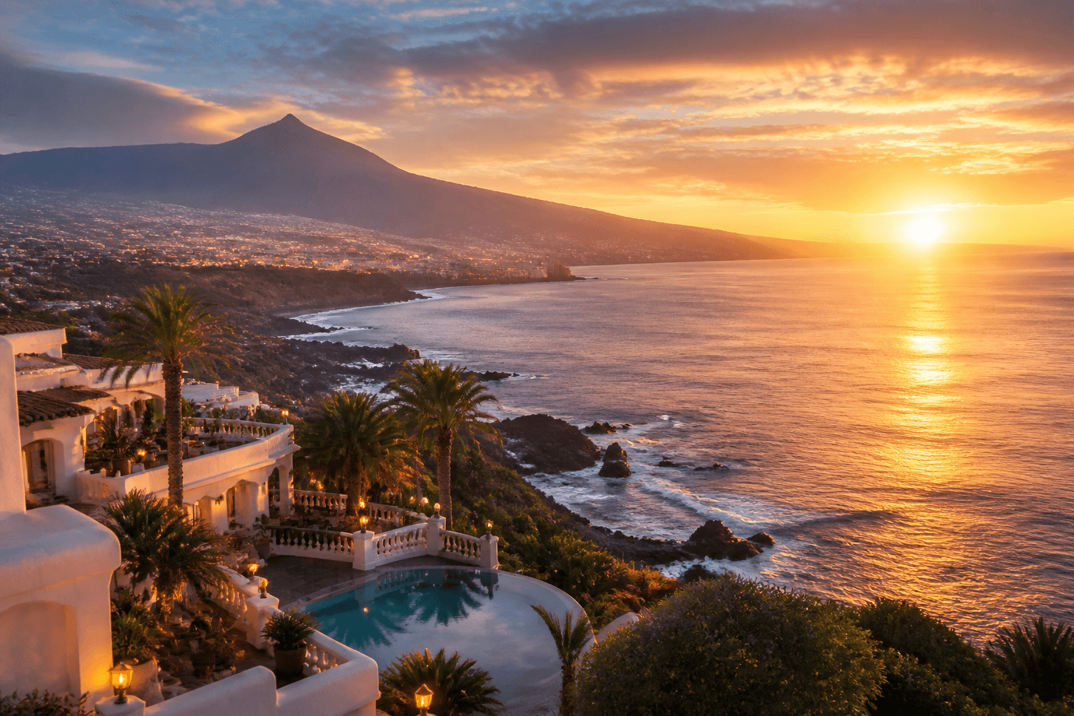 PLACEHOLDER: Küstenresort und Teide-Silhouette bei Sonnenuntergang — Escort Teneriffa (Austauschbild)