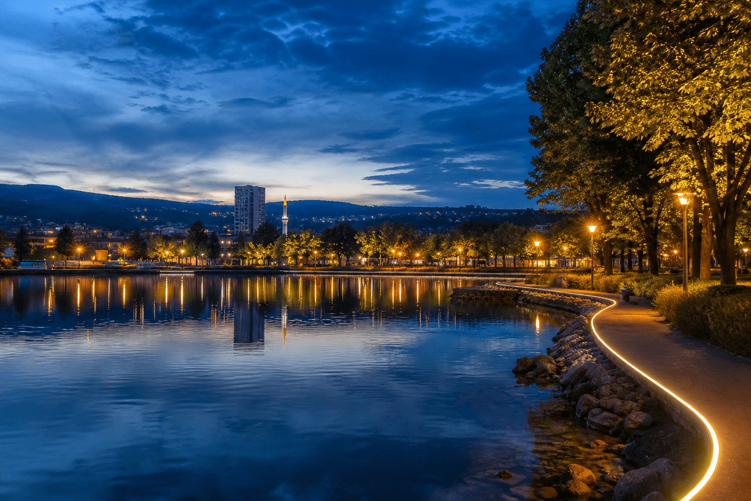 PLACEHOLDER: Salzseen-Park und abendliche Skyline — Escort Tuzla (Austauschbild)