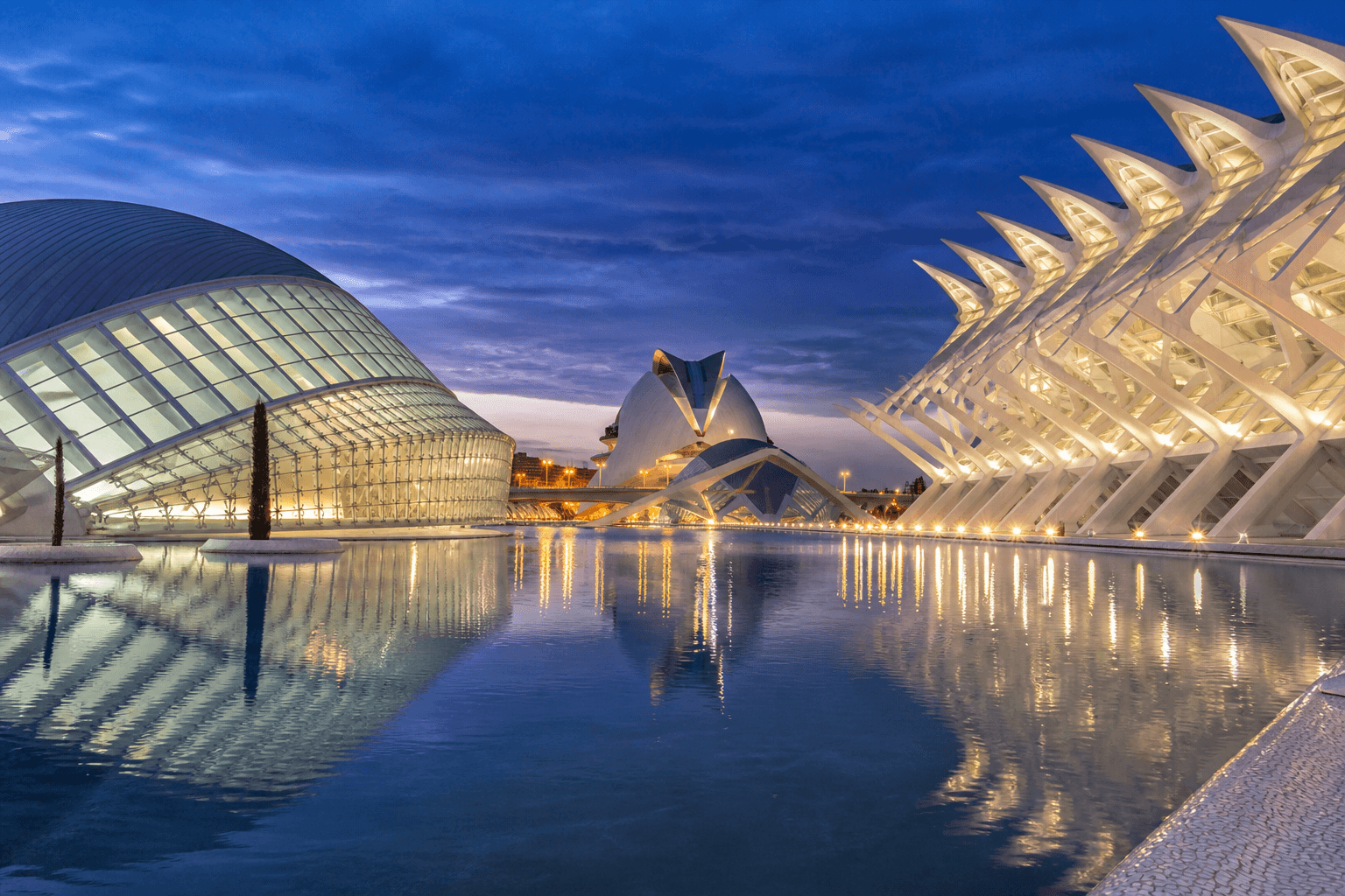 PLACEHOLDER: Ciudad de las Artes und Turia bei Abend — Escort Valencia (Austauschbild)