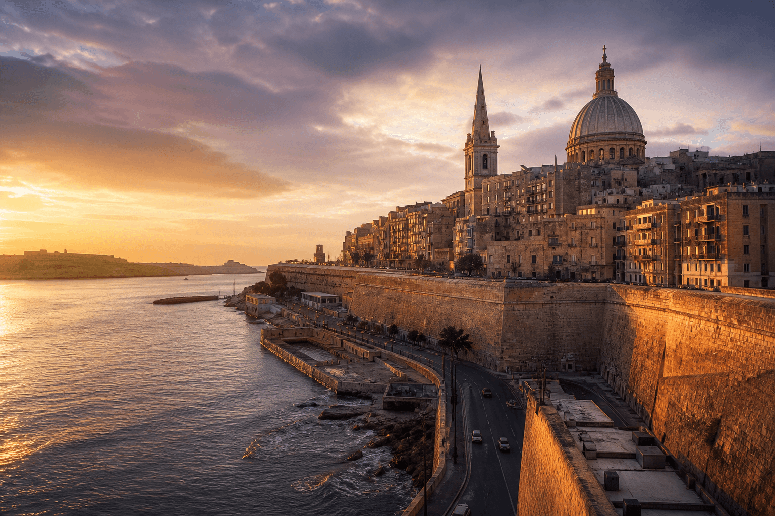 PLACEHOLDER: befestigte Hafenstadt bei goldenem Abendlicht — Escort Valletta (Austauschbild)