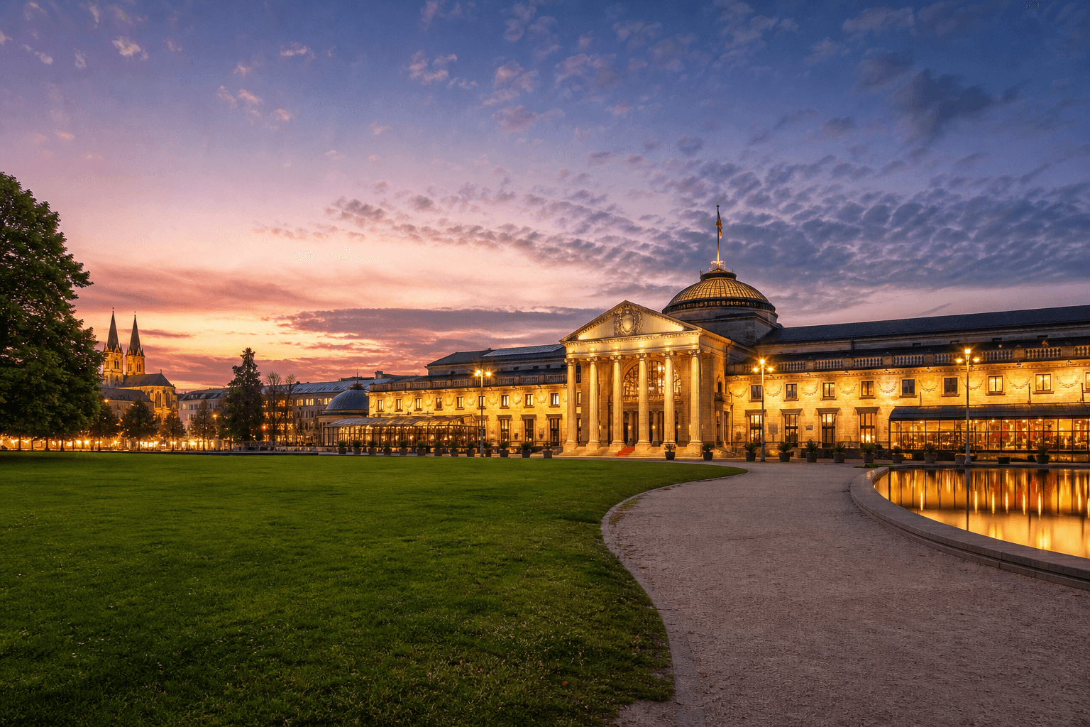 PLACEHOLDER: Kurhaus und Bowling Green bei Dämmerung — Escort Wiesbaden (Austauschbild)