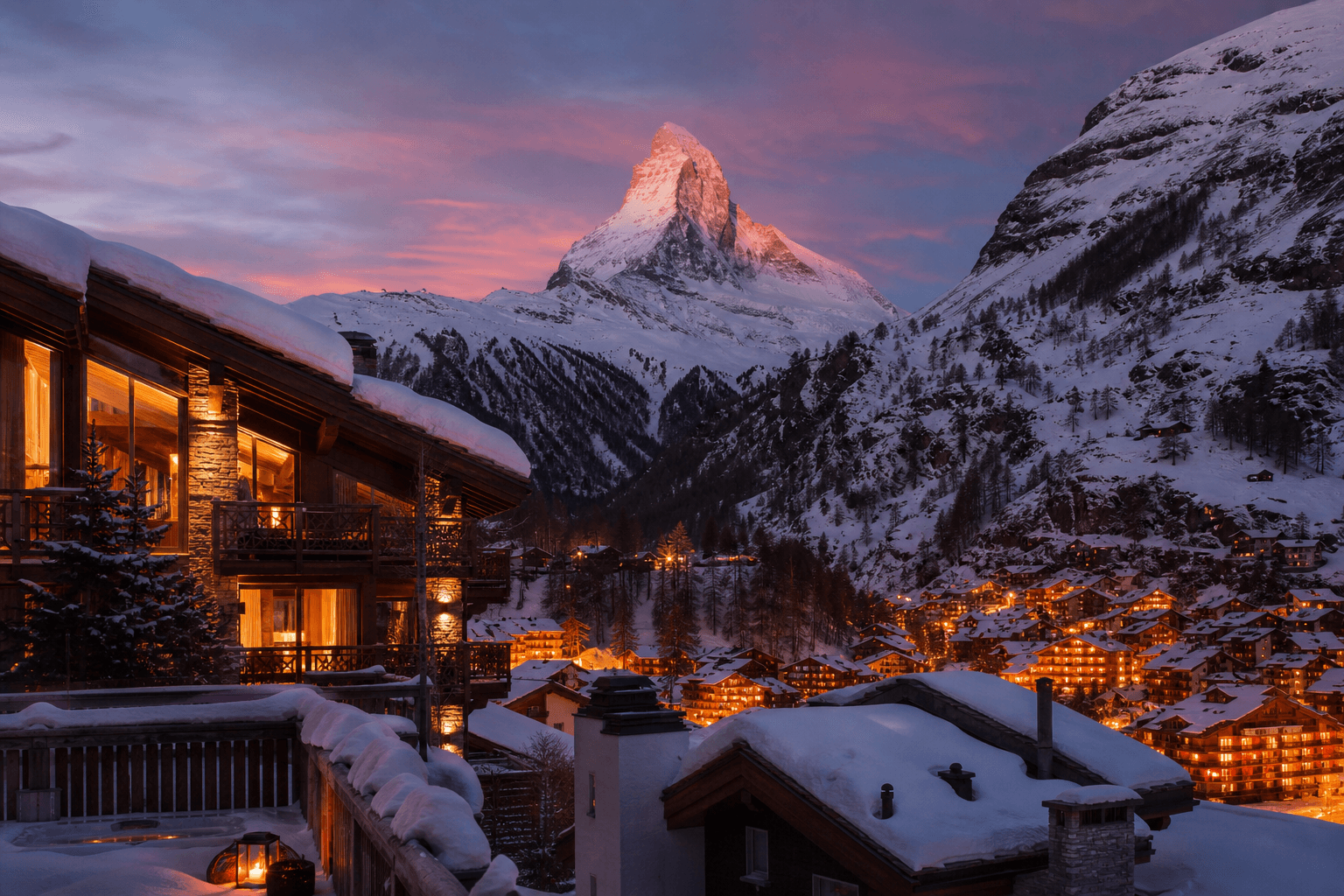 PLACEHOLDER: Matterhorn und alpine Dorf-Silhouette bei Abendrot — Escort Zermatt (Austauschbild)